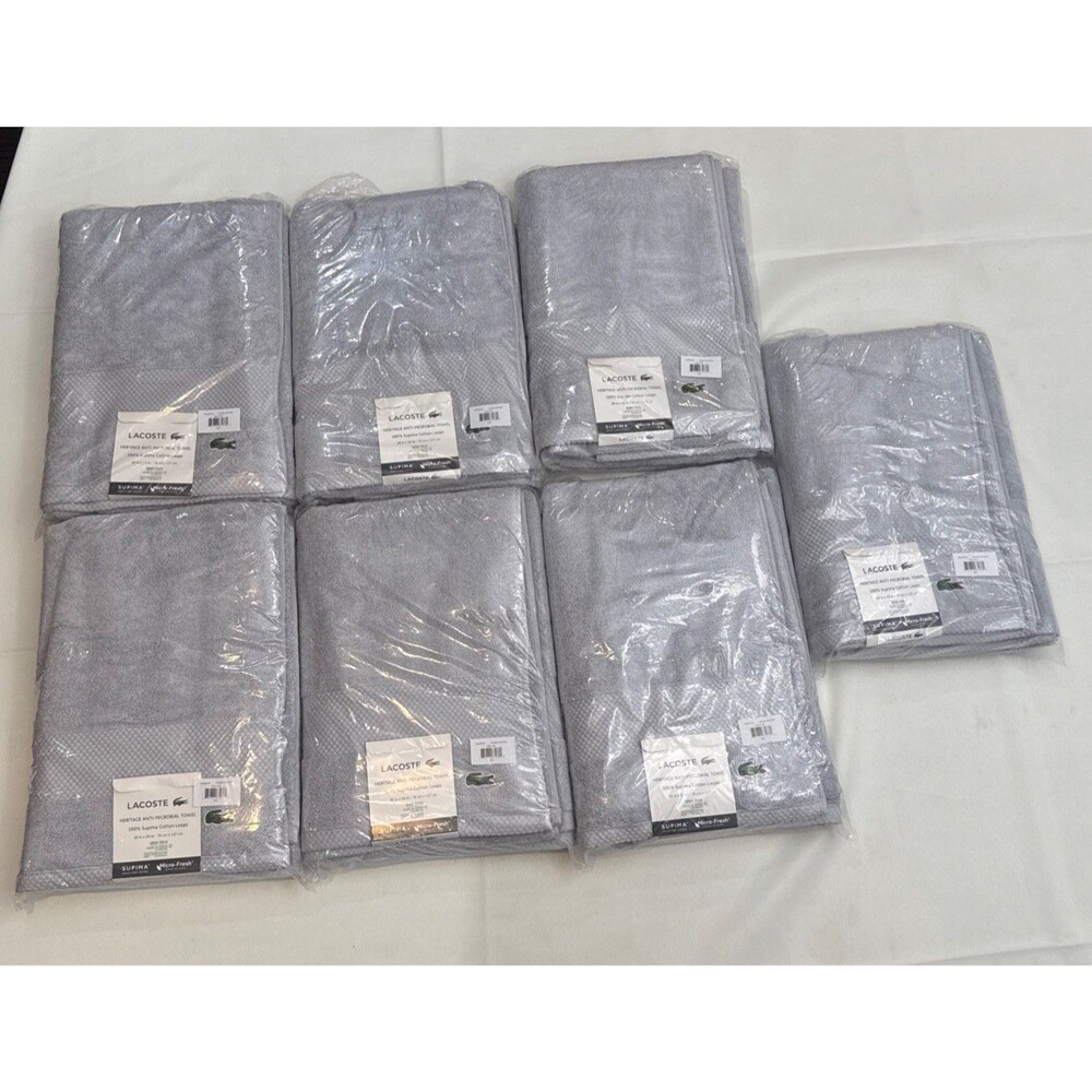 LOT OF 7: Lacoste Heritage Supima Bath Towel Microchip Gray 30x54 Brand New
